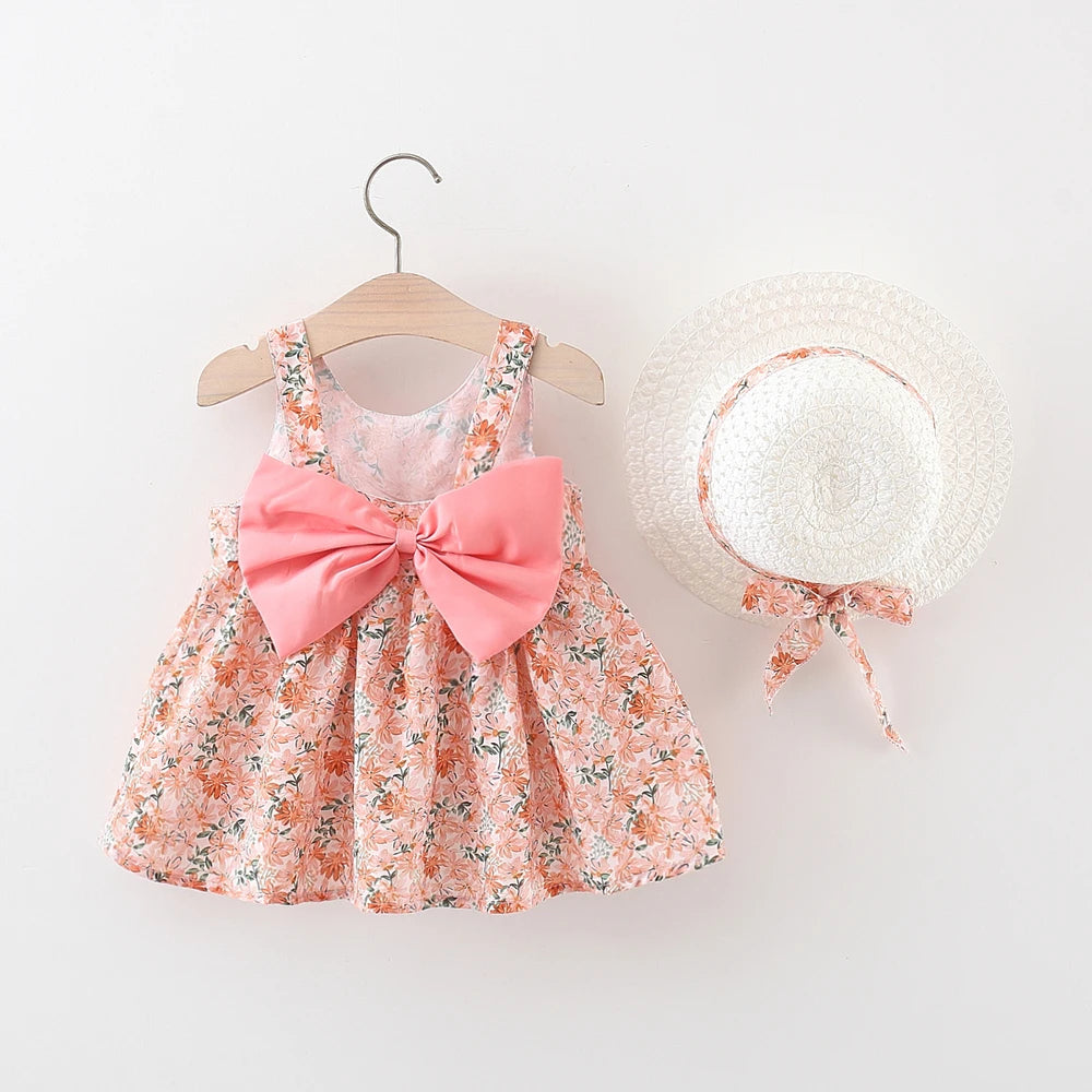 Baby Girl Summer Outfit, Bow Strap Dress & Hat
