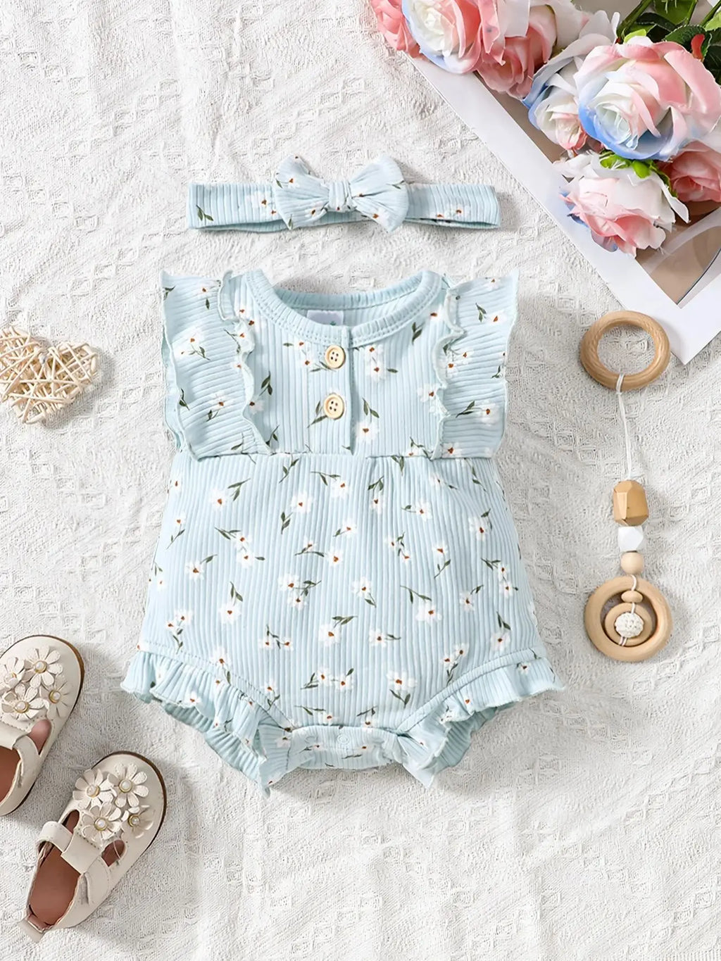 2PCS Baby Girl Jumpsuit with Round Neck Butterfly Sleeve Design