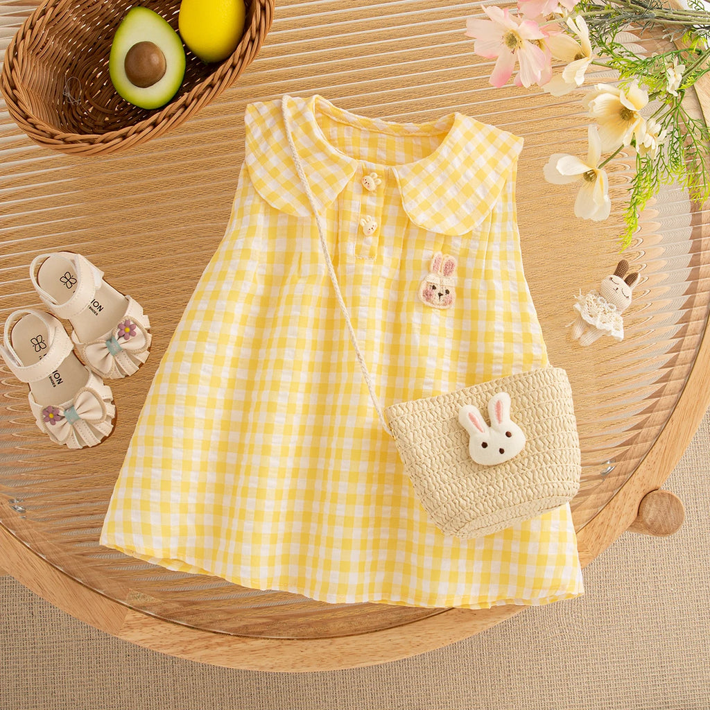 Baby Girl Summer Dress Set, Cute Plaid & Cartoon Design with Bag