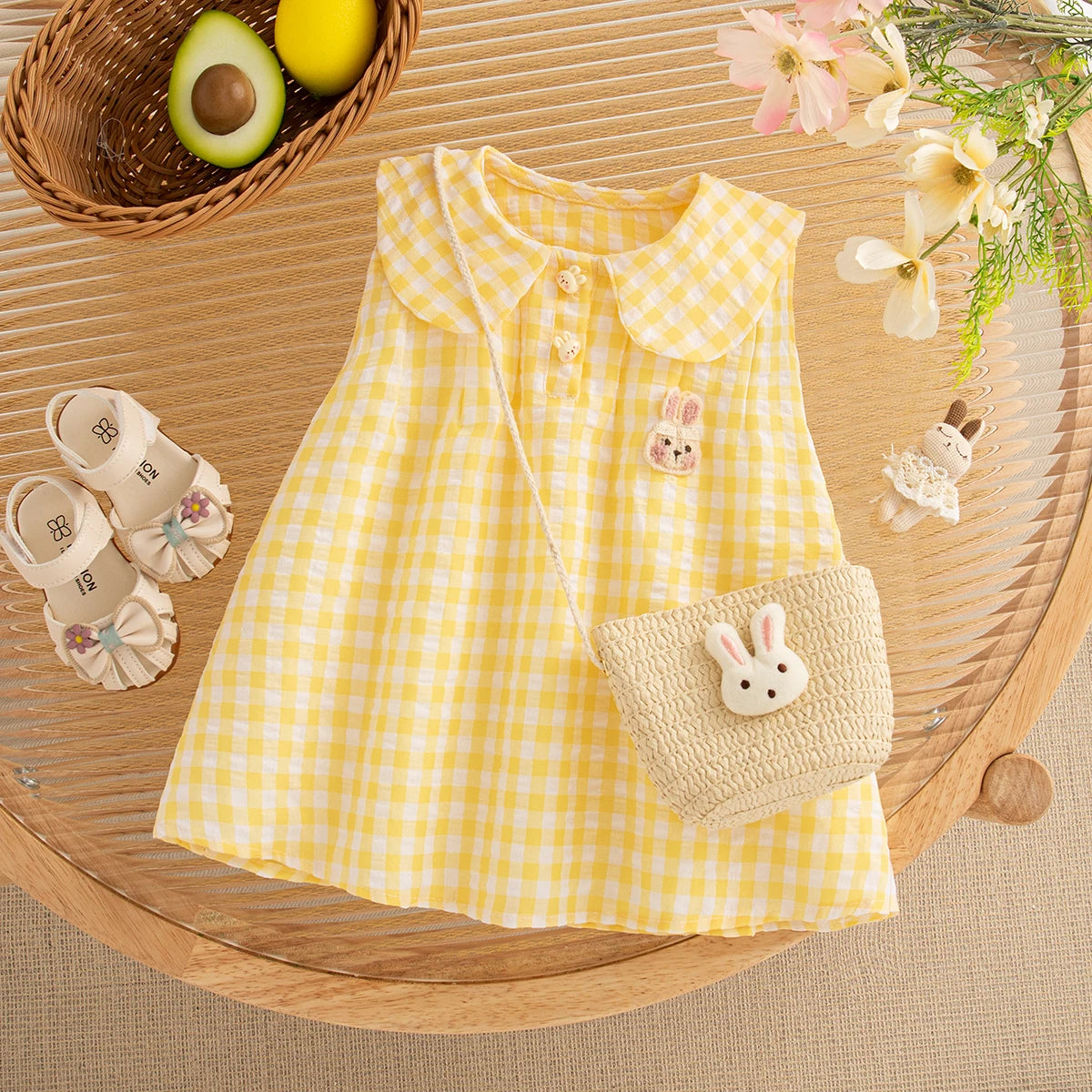 Baby Girl Summer Dress Set, Cute Plaid & Cartoon Design with Bag