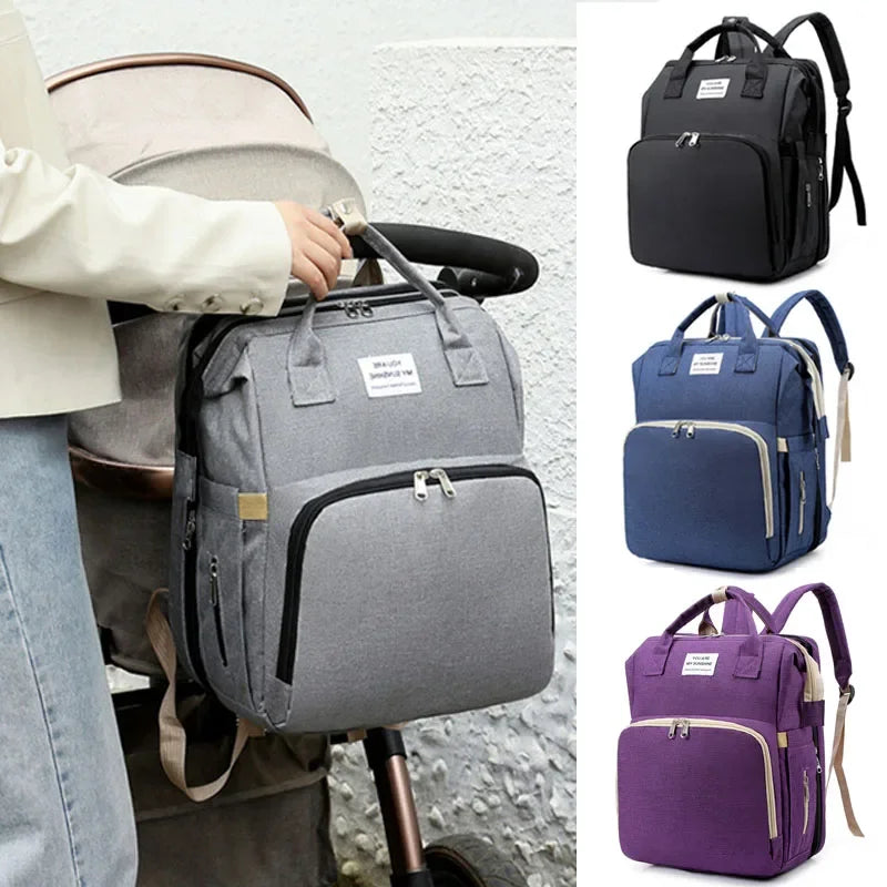 Mommy Diaper Bag – Baby Bed, Milk Bottle Storage & Changing Mat Backpack for Nursing Moms