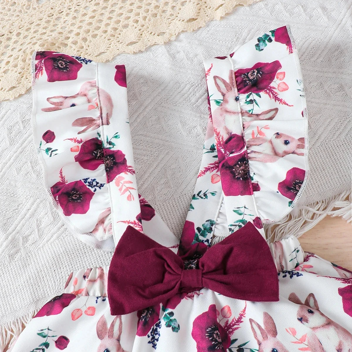 Jumpsuit & Rabbit Printed Shoulder Strap skirt & Headband Set for 0-18 M