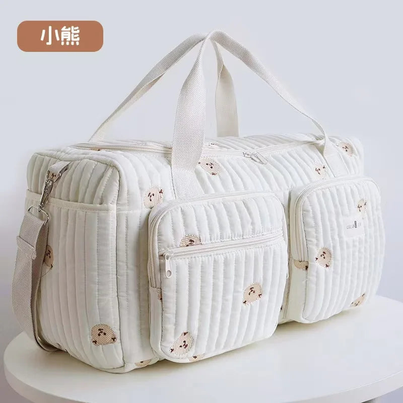 Baby Diaper Bag – Cotton Fabric, Cute Bear Flower Embroidery, Zipper Mommy Handbag