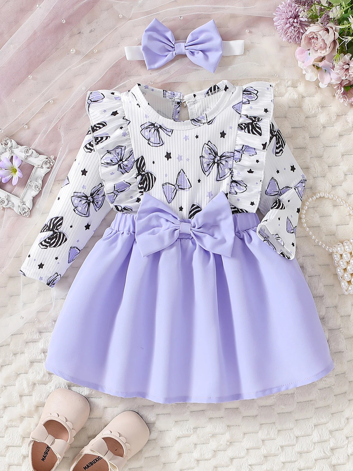 Cute Baby Girl Spring/Autumn Dress – Bow Print (0–2Y)