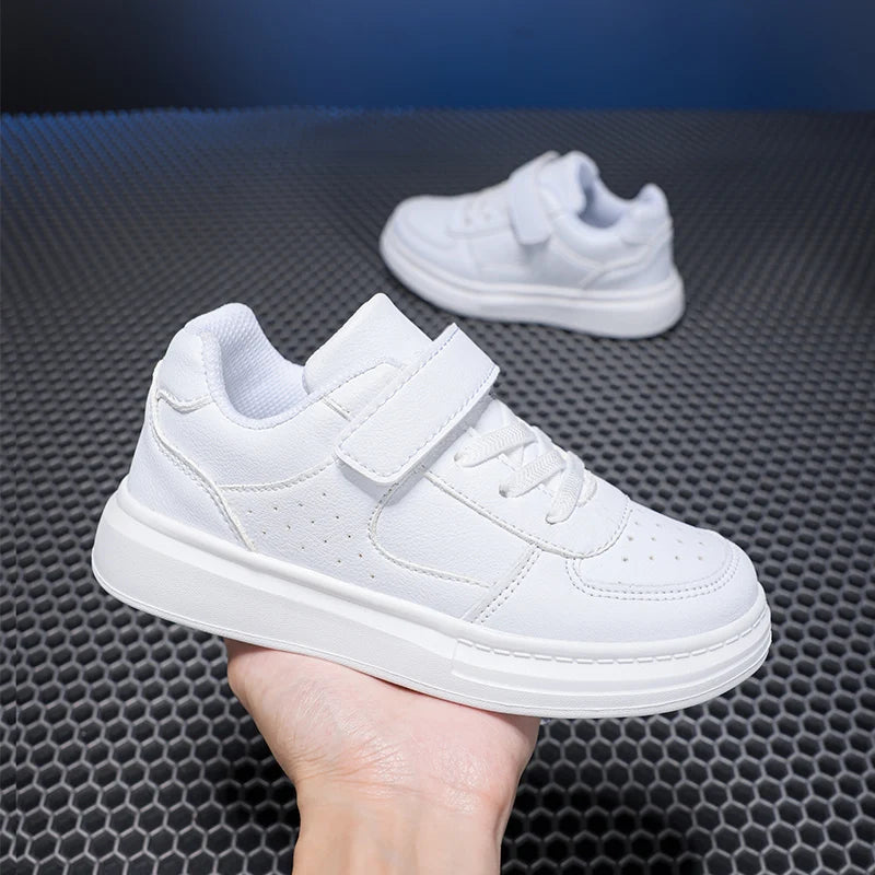 Kids White Leather Sneakers – Waterproof Low-Cut Shoes