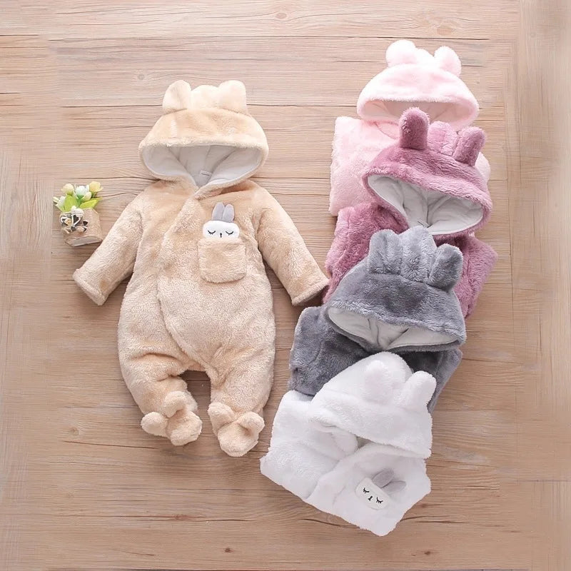 0–2 Years Baby Plush Jumpsuit, Cute Dog & Rabbit Print