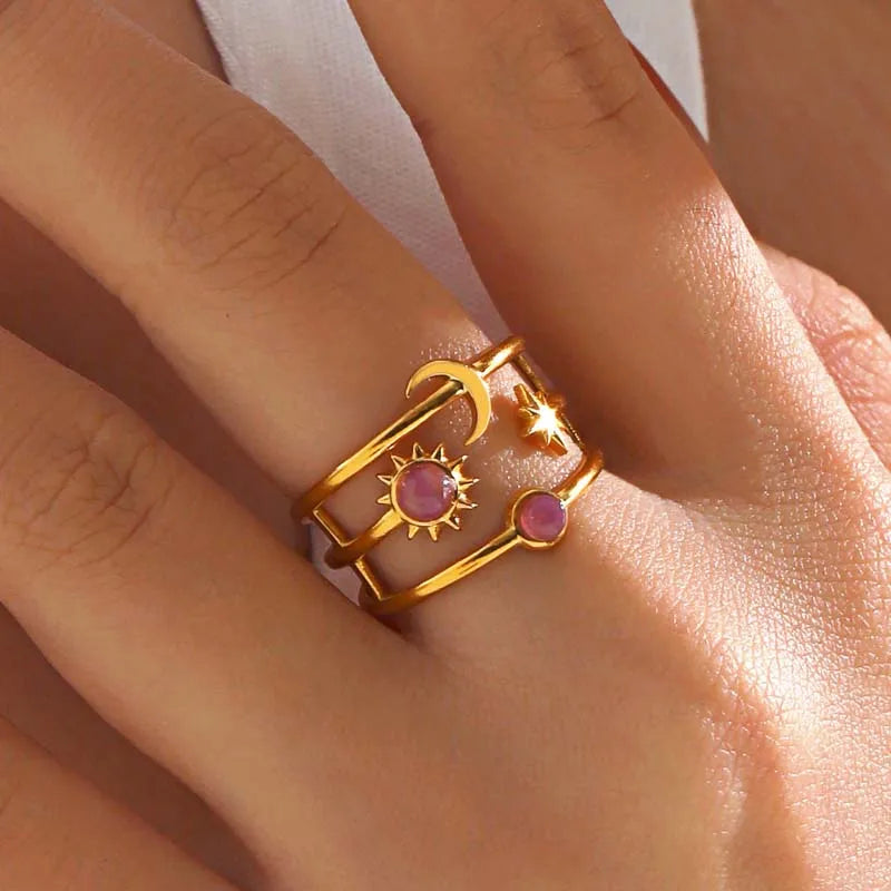 Stainless Steel Star Moon Ring
