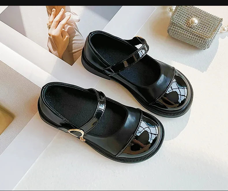 Girls’ Black Leather Casual Shoes – Princess Toddler Flats