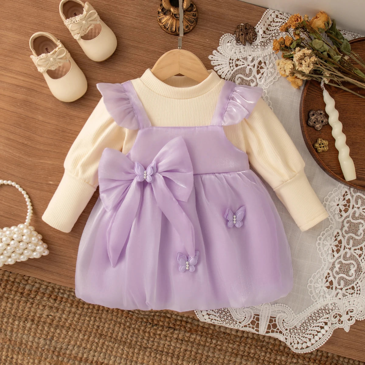 Baby Girl Bow-Tie Tulle Dress – Long Sleeve (0–2Y)