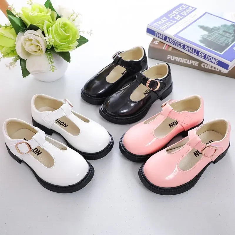 Kids’ Leather T-Strap Flats – School & Party Shoes (26–36)