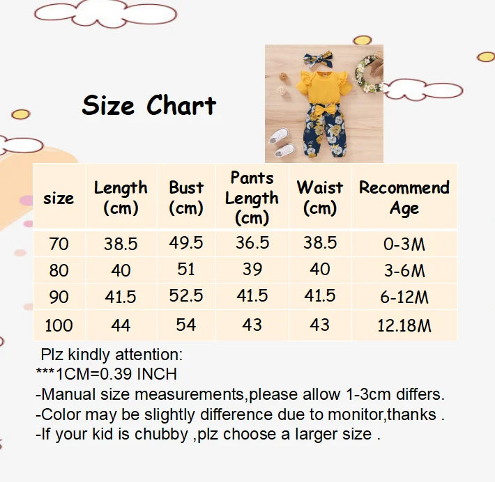 Body suit & Floral Pants with Bow & Headband 3PCS Outfits for 0-18 M