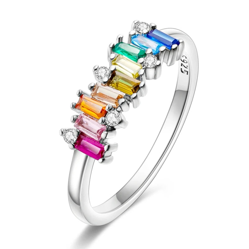 Original 925 Sterling Silver Rings Sparkling Rainbow Candy Zircon Rings For Women Girls Jewelry Birthday Anniversary Gifts
