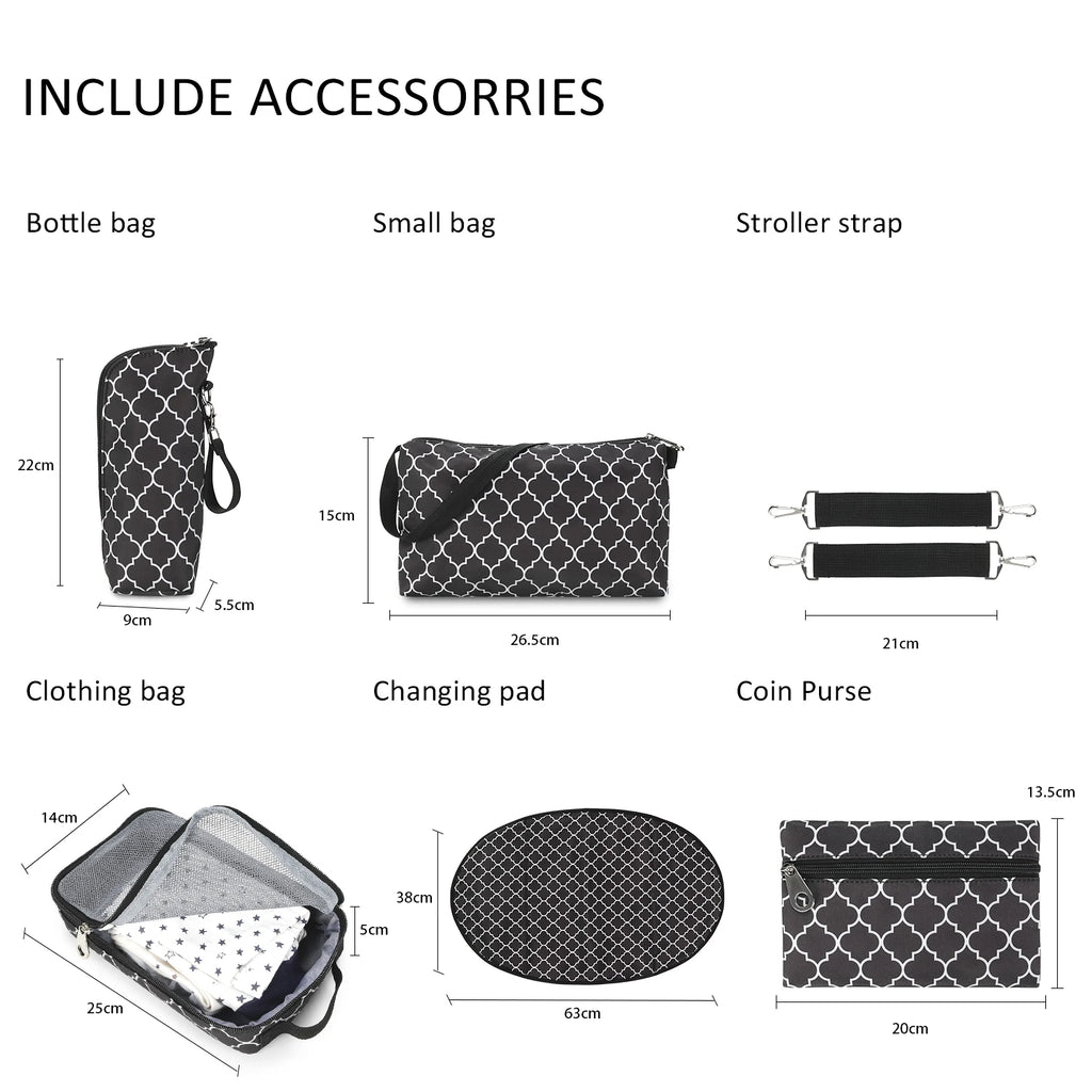7pcs Nappy Changing Bag Set – Multifunctional Tote, Shoulder & Travel Diaper Bag
