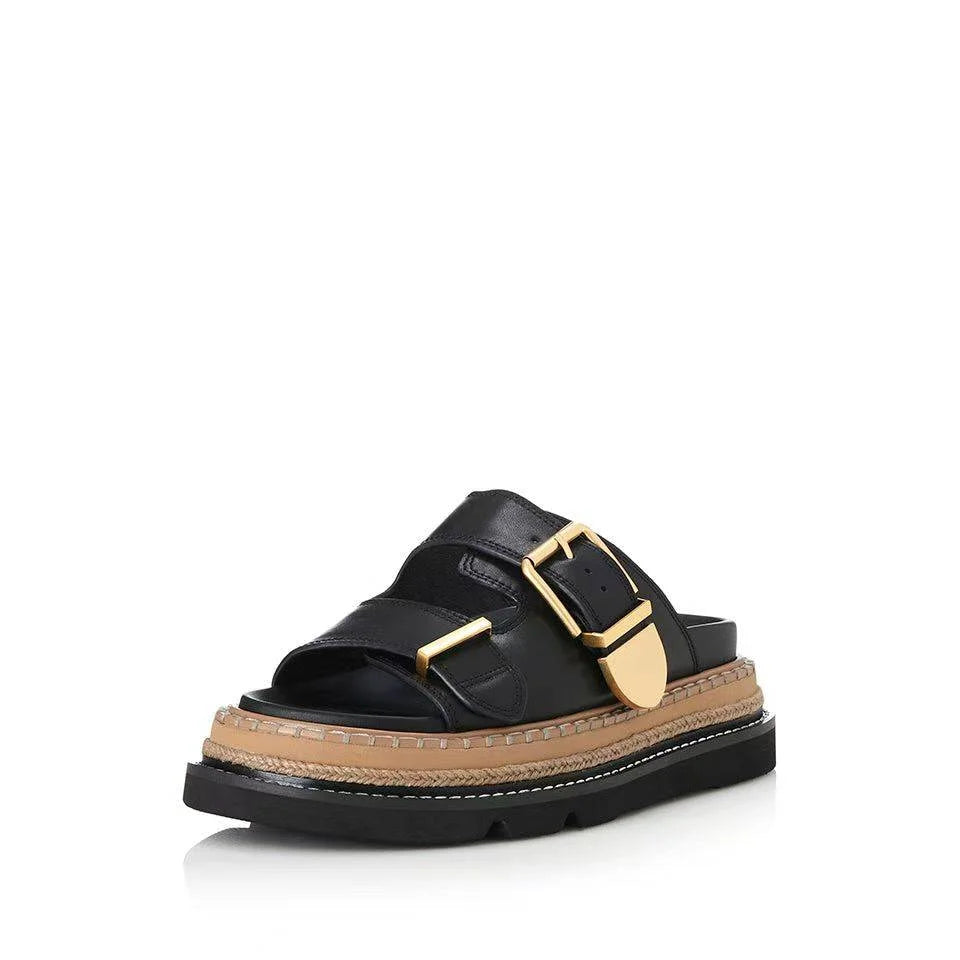 Summer classic leather round toe with buckle for height increase, lightweight and versatile thick soled shoes