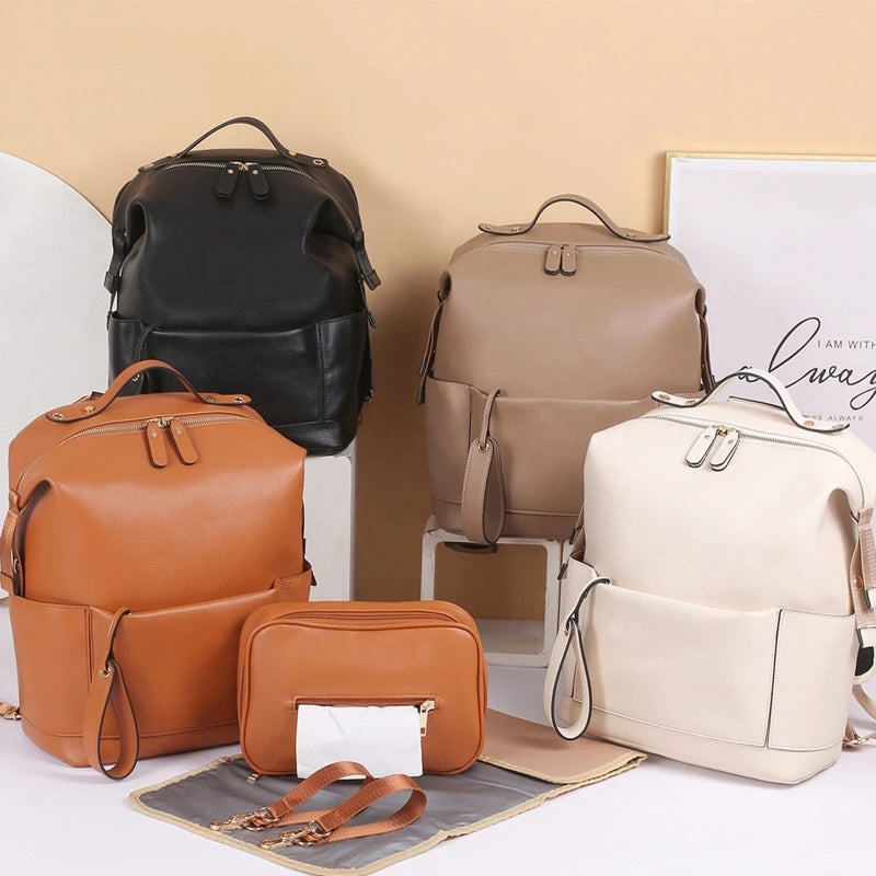 Multifunction Leather Maternity Diaper Backpack – Baby Care & Travel Bag