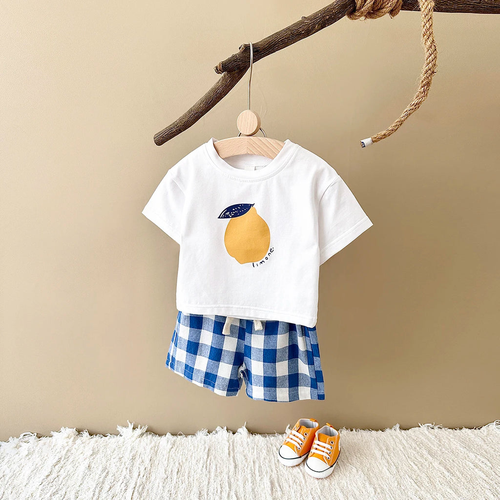 2PCS Baby Boys Girls Clothes Set T-shirt & Checkered Shorts 0-3Y