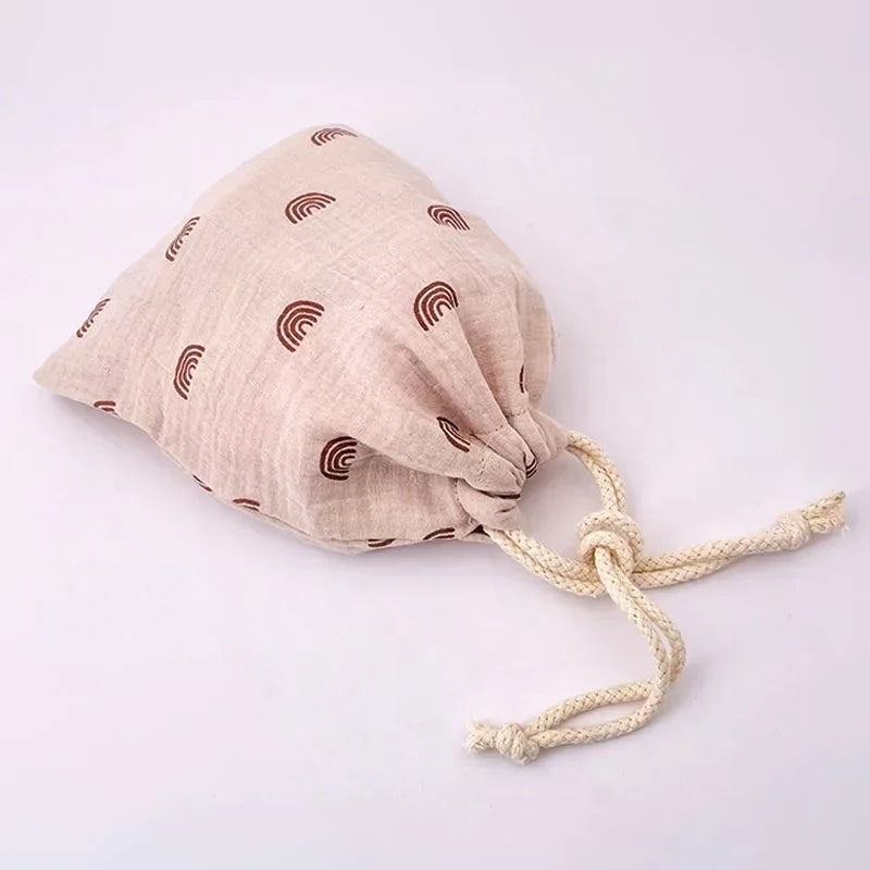 Natural Cotton Mommy Bag – Outdoor Baby Diaper Carrier, Cute Printed Drawstring Pouch 27x25cm