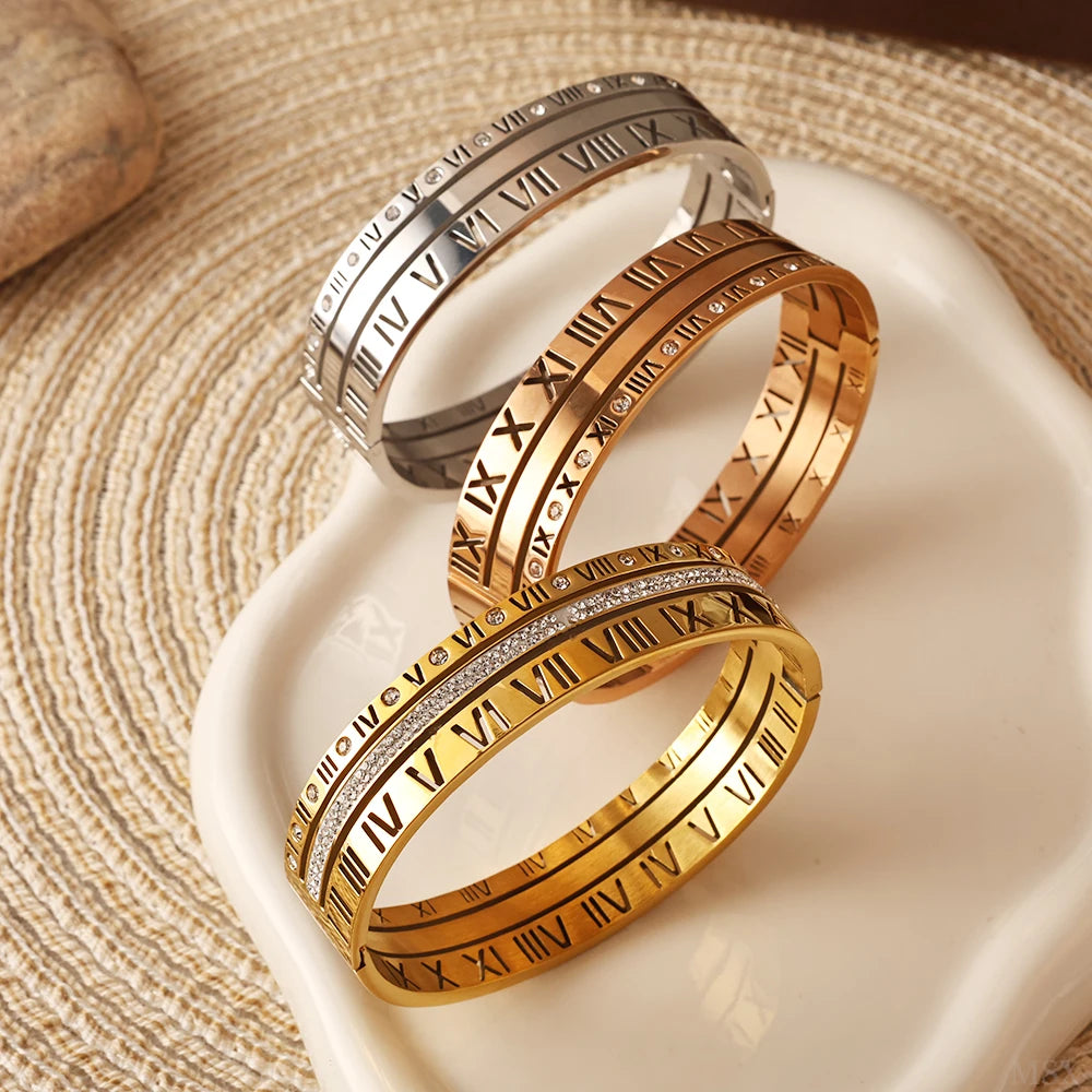 Three Layers Roman Numerals Ring for Women Luxury Stainless Steel Rotatable Crystal Finger Rings Female Wedding Trendy Jewelry