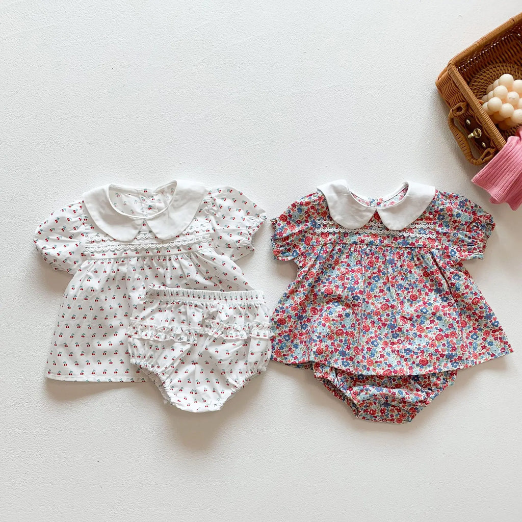 Baby Girl Cherry Floral Outfit – Summer (0–12M)
