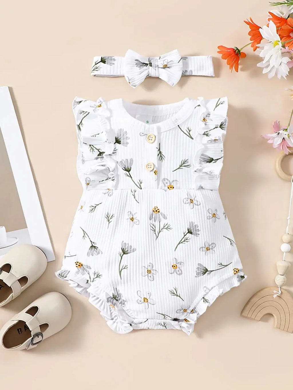 2PCS Baby Girl Jumpsuit with Round Neck Butterfly Sleeve Design