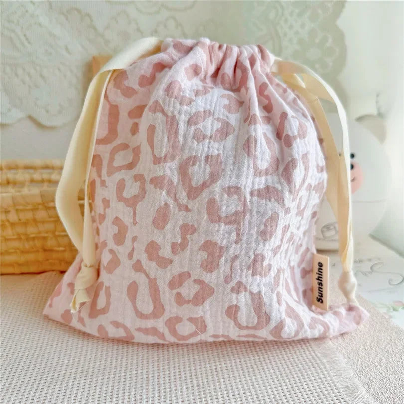 Natural Cotton Mommy Bag – Outdoor Baby Diaper Carrier, Cute Printed Drawstring Pouch 27x25cm