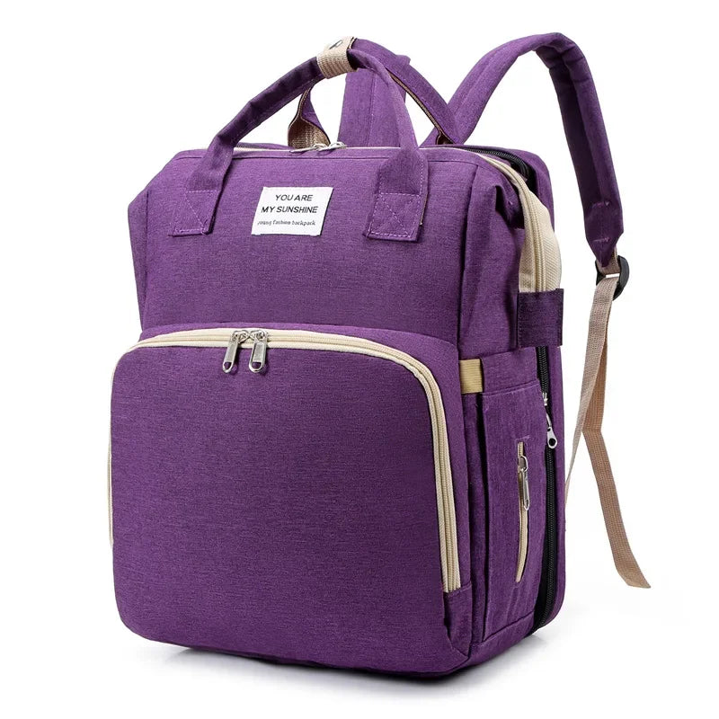 Mommy Diaper Bag – Baby Bed, Milk Bottle Storage & Changing Mat Backpack for Nursing Moms