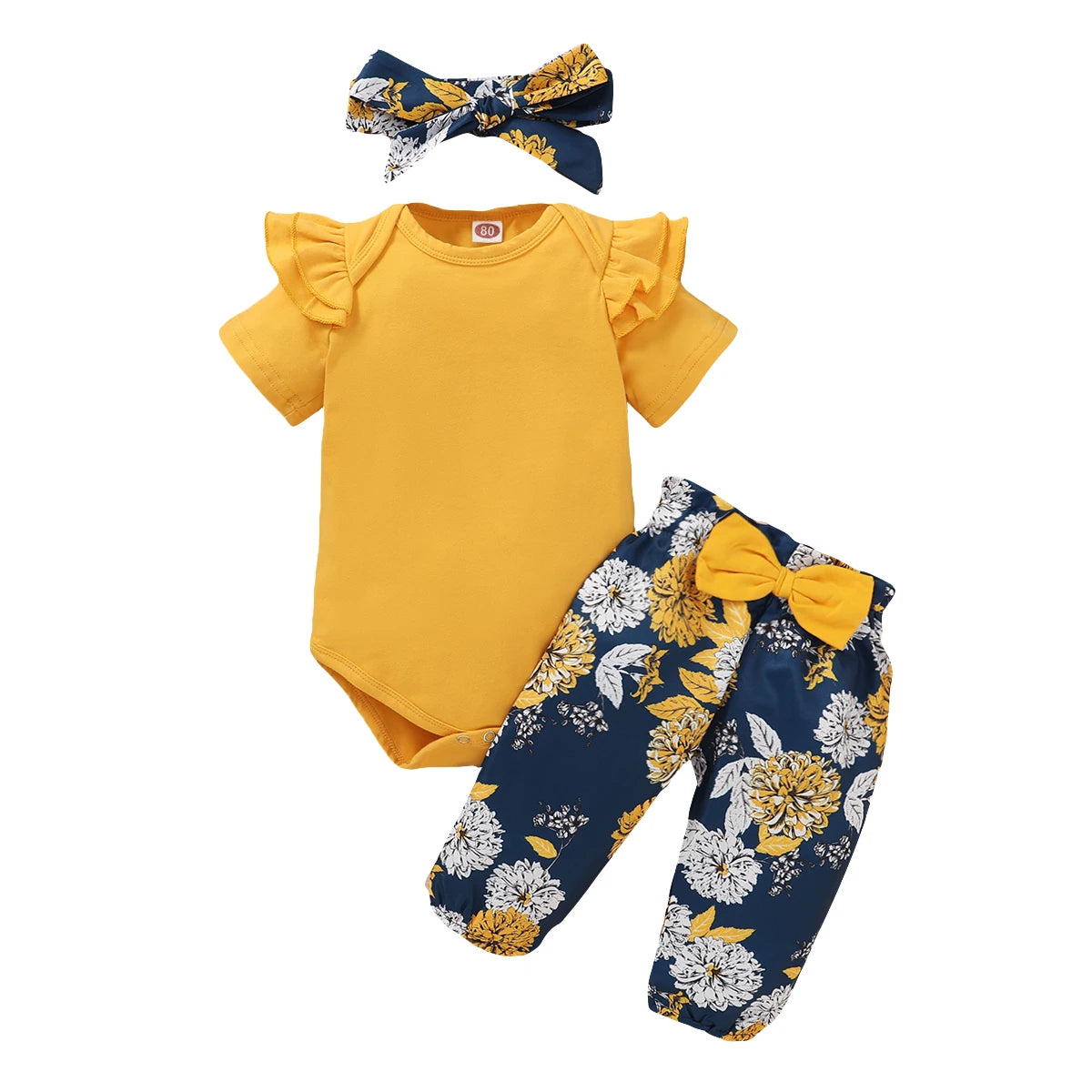 Body suit & Floral Pants with Bow & Headband 3PCS Outfits for 0-18 M