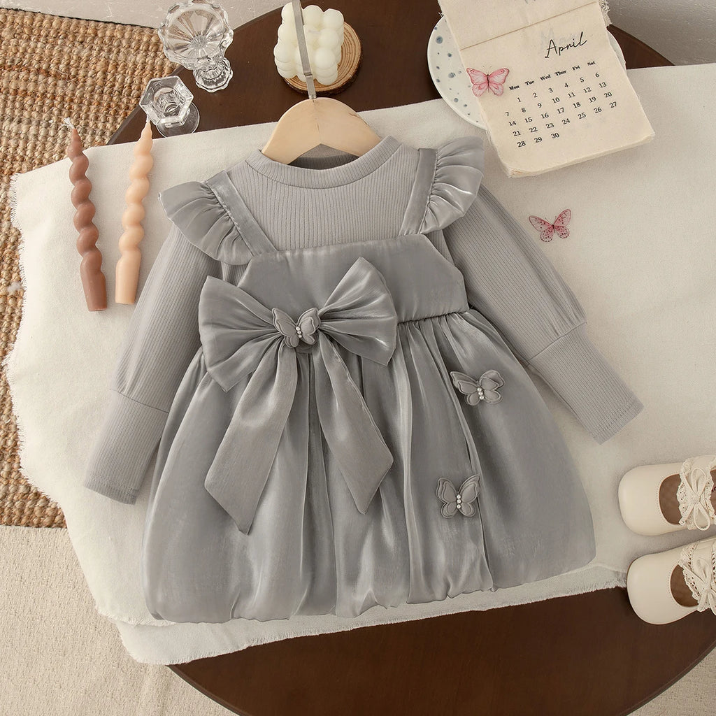 Baby Girl Bow-Tie Tulle Dress – Long Sleeve (0–2Y)