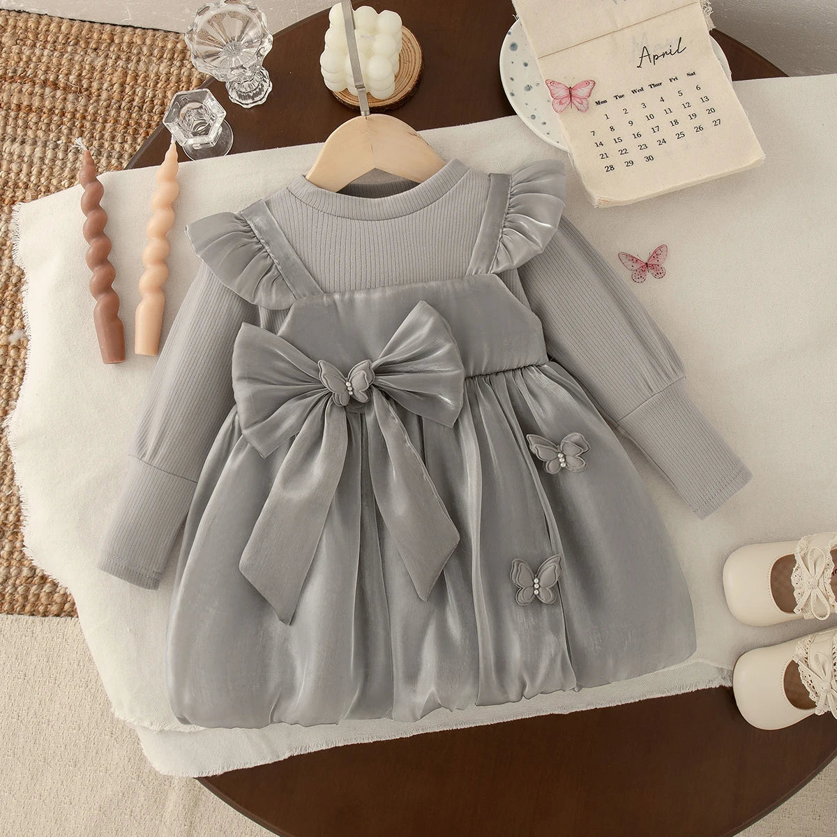 Baby Girl Bow-Tie Tulle Dress – Long Sleeve (0–2Y)