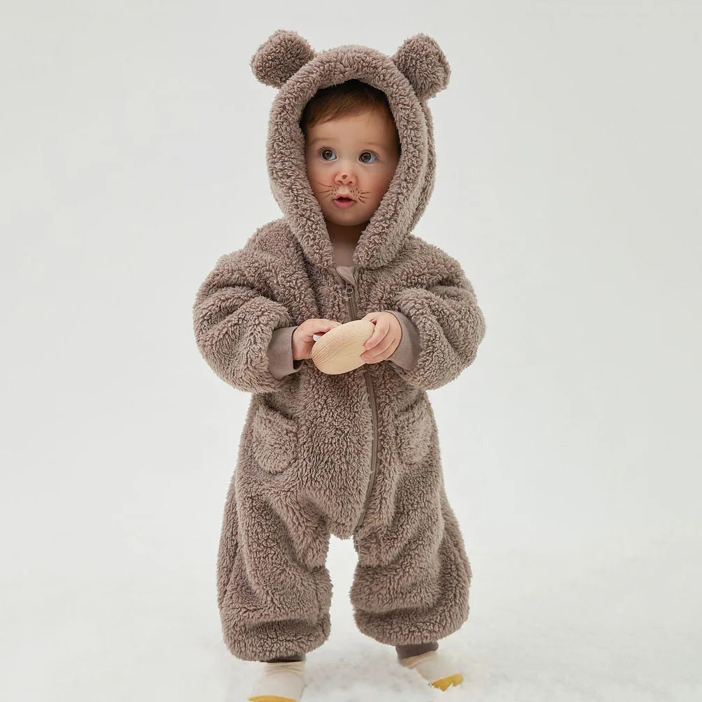 Infant Baby Romper, Warm Fleece Hooded Jumpsuit