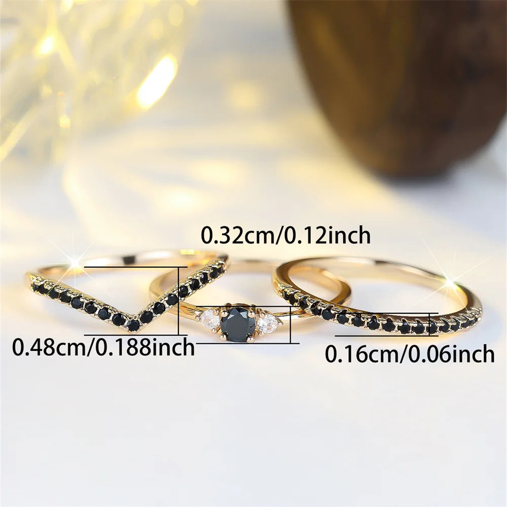 3pcs Vintage Round Stone Black Zircon Ring Sets For Women Antique Gold Color Engagement Bands Wedding Jewelry Set Versatile Gift
