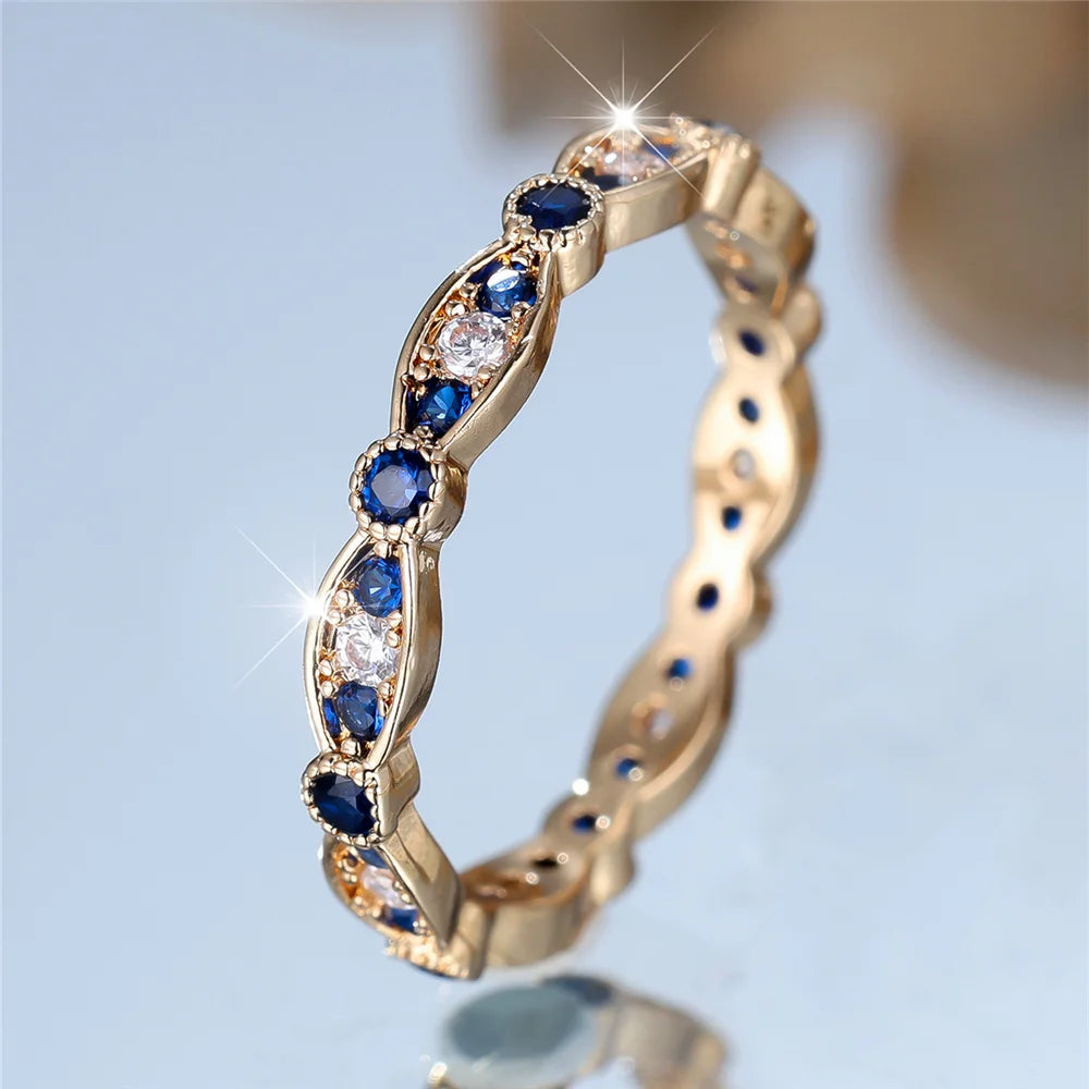 Cute Female White Blue Zircon Stone Round Ring Vintage Gold Color Wedding Jewelry For Women