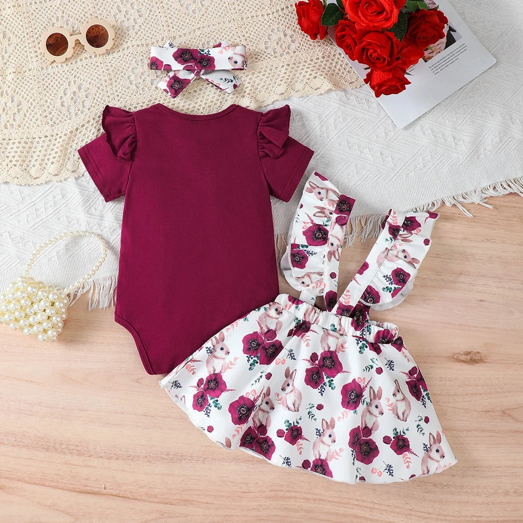 Jumpsuit & Rabbit Printed Shoulder Strap skirt & Headband Set for 0-18 M
