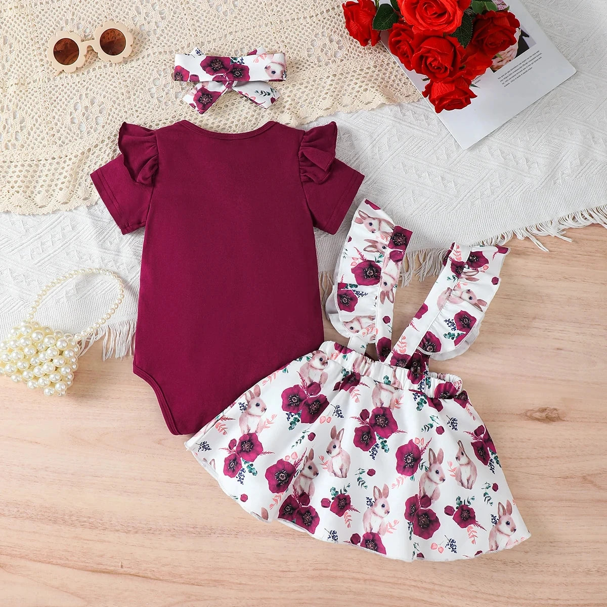 Jumpsuit & Rabbit Printed Shoulder Strap skirt & Headband Set for 0-18 M
