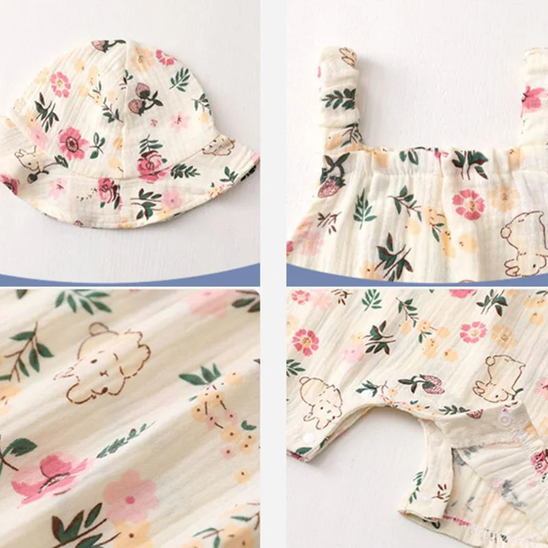 Summer Baby Girls Romper with Hat Cartoon Cherry Bear Jumpsuit