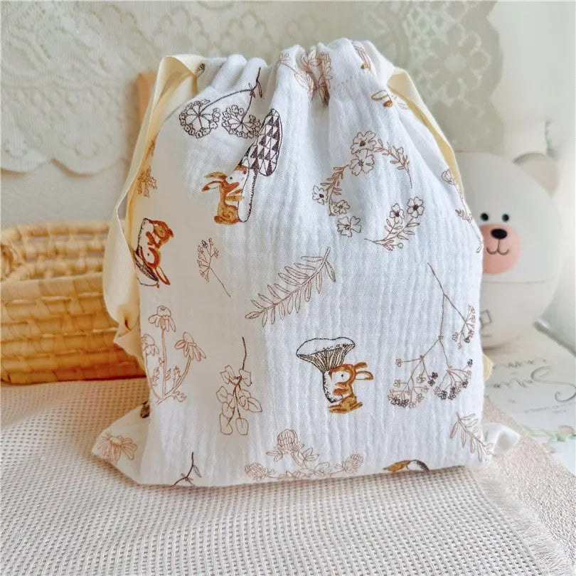 Natural Cotton Mommy Bag – Outdoor Baby Diaper Carrier, Cute Printed Drawstring Pouch 27x25cm