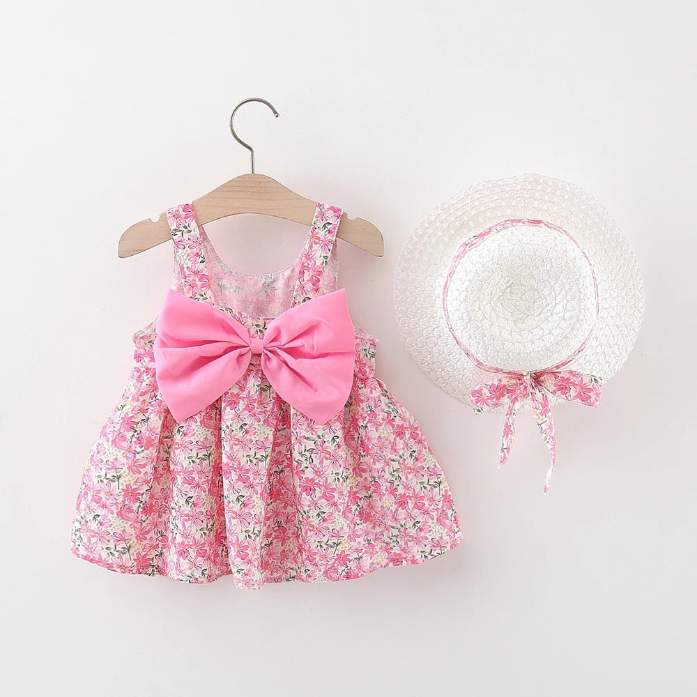 Baby Girl Summer Outfit, Bow Strap Dress & Hat