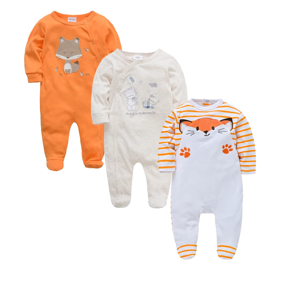 3PCS Baby Boy Romper Set, 100% Cotton, Long Sleeve 0–12M