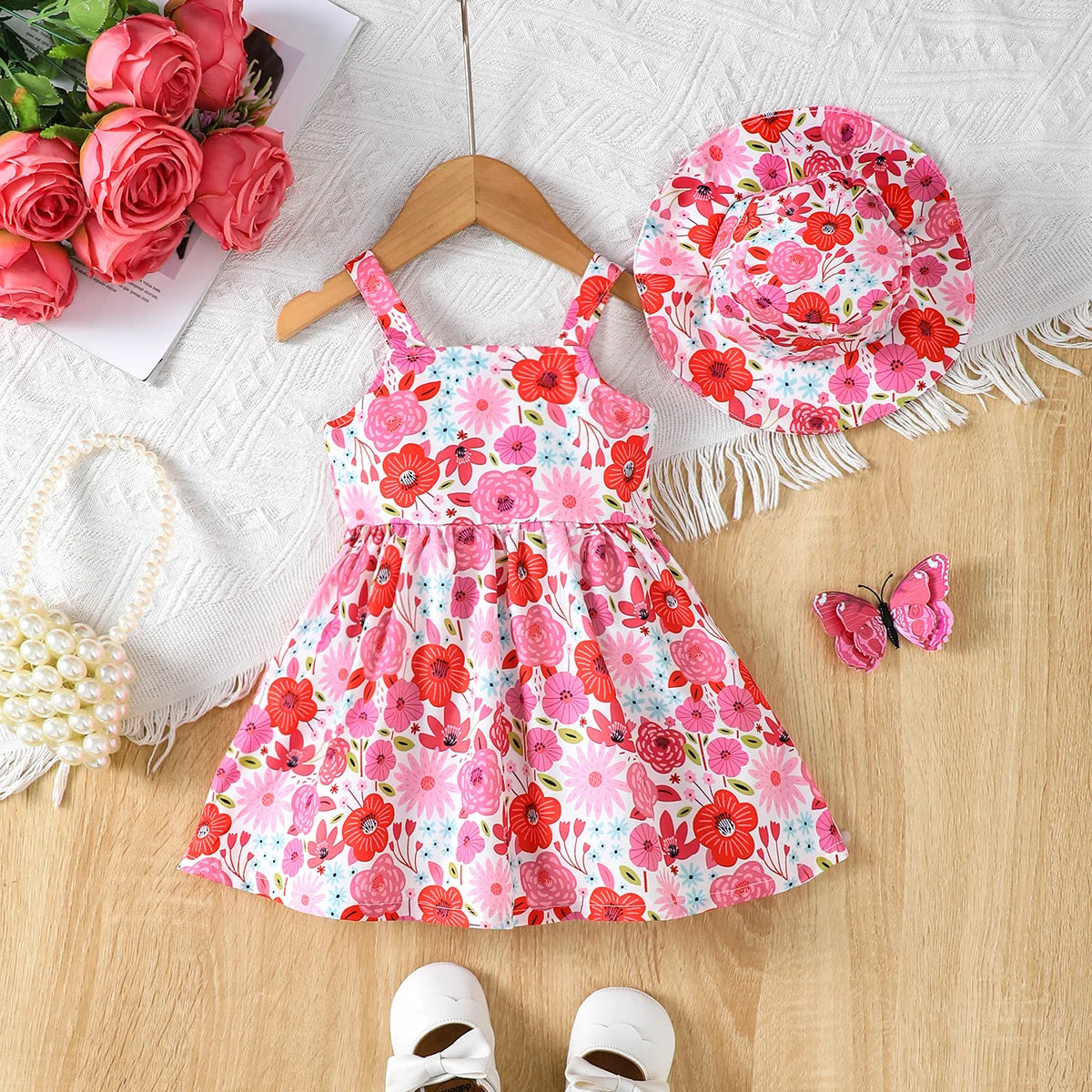 Summer Dress,Strap Dress & Hat Two Piece Set for 0-3 Year