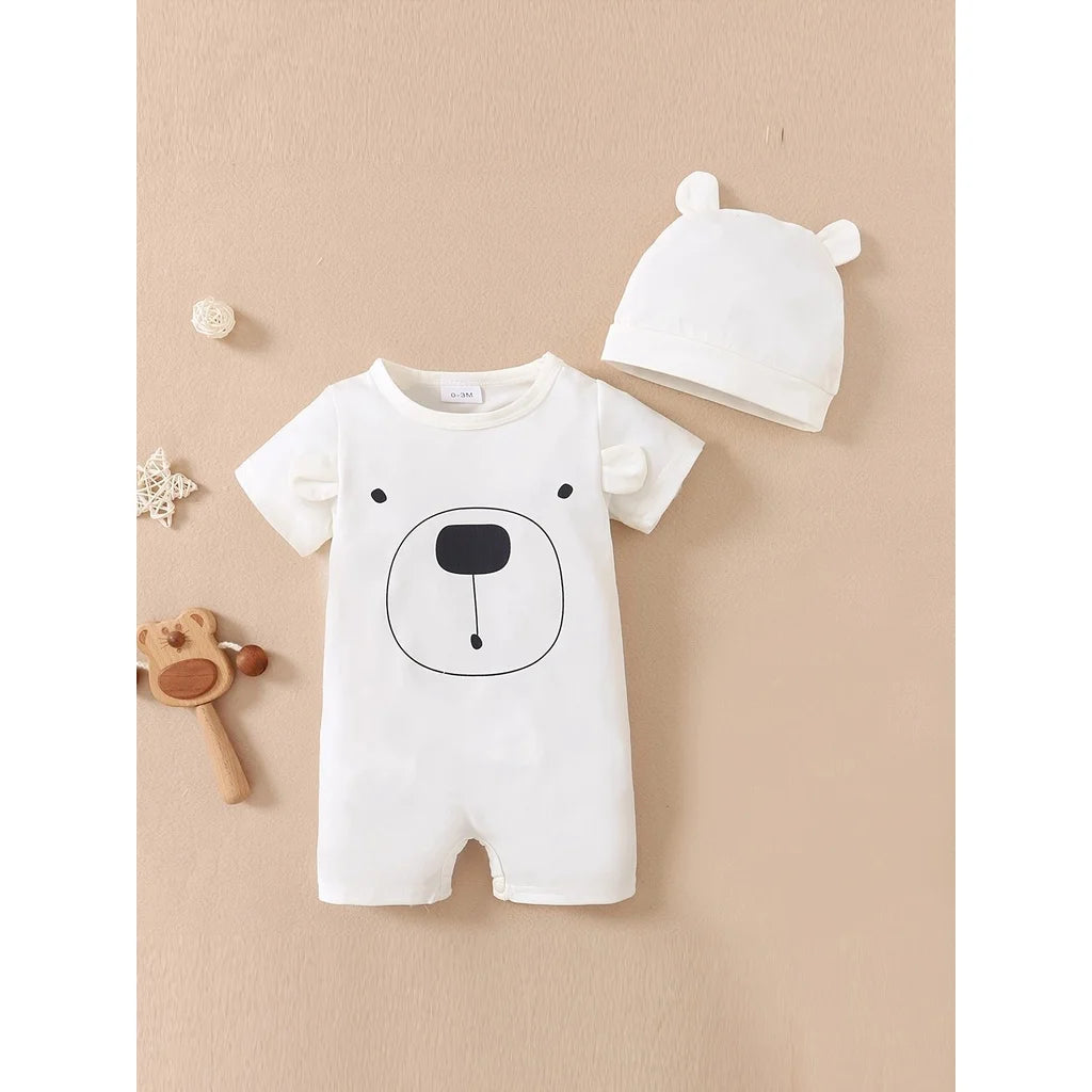 2PCS Baby Boy Bear Romper with Hat, Summer Outfit (0–18M)