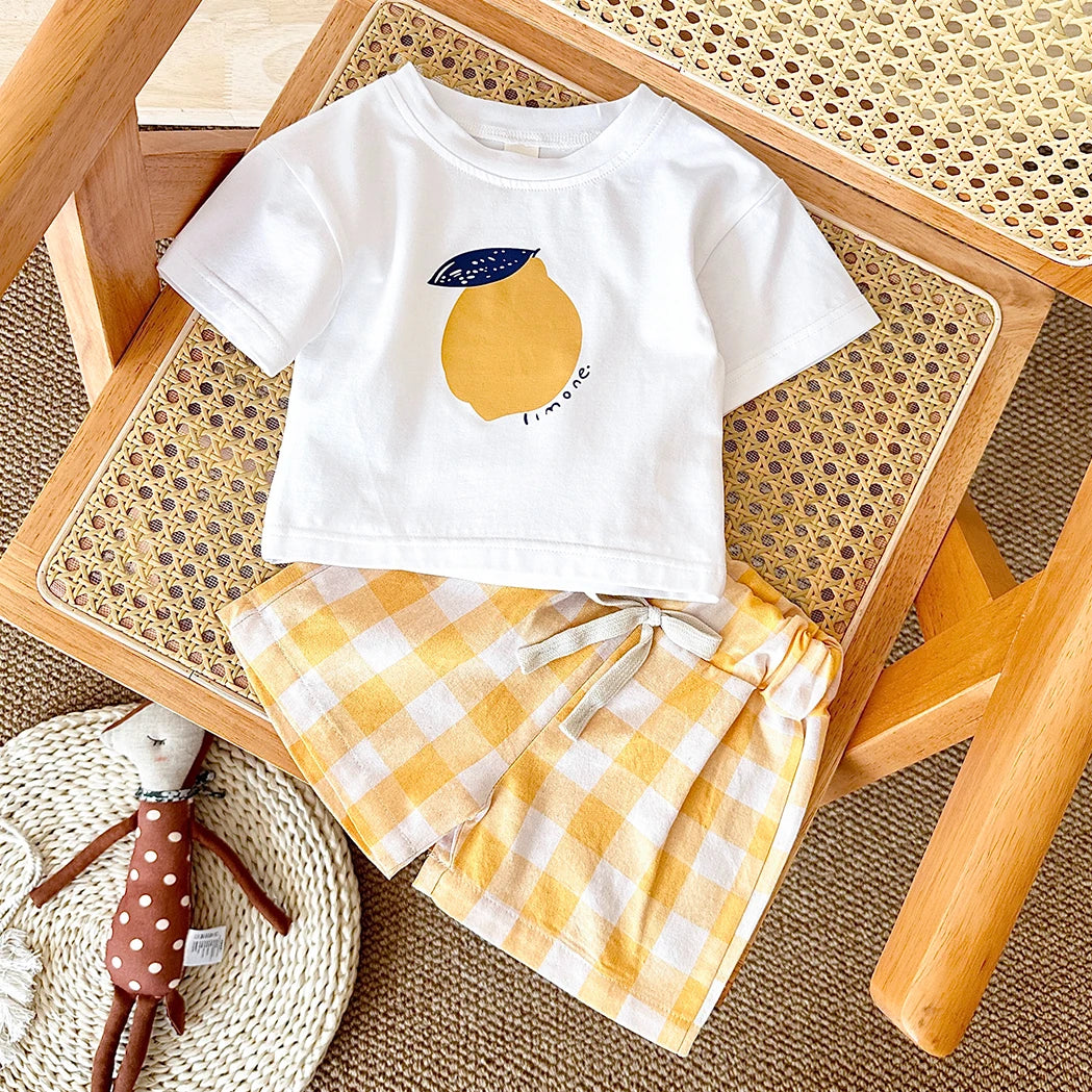 2PCS Baby Boys Girls Clothes Set T-shirt & Checkered Shorts 0-3Y