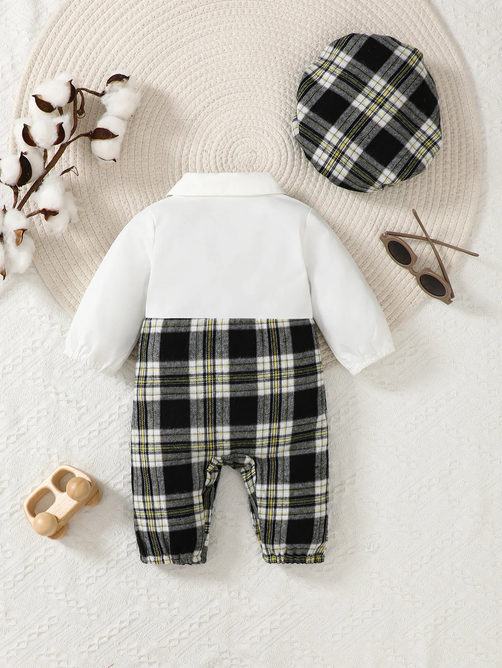 Newborn Baby Boy Plaid Jumpsuit with Hat