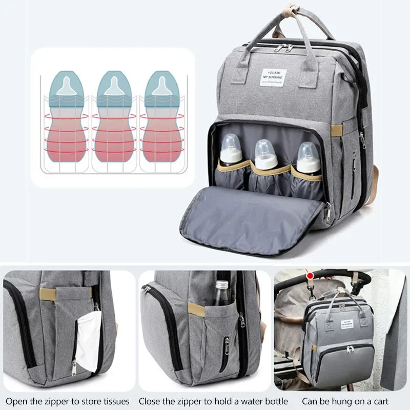 Mommy Diaper Bag – Baby Bed, Milk Bottle Storage & Changing Mat Backpack for Nursing Moms