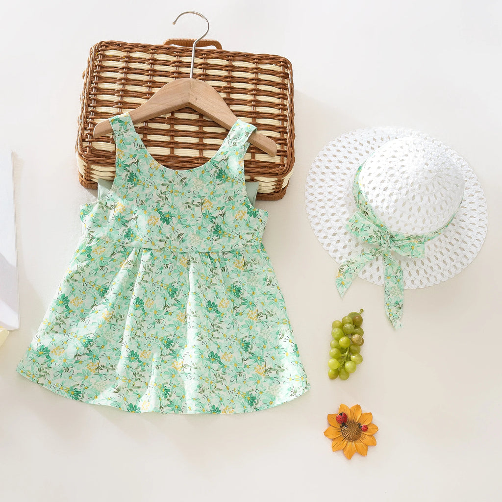 Baby Girl Summer Outfit, Bow Strap Dress & Hat