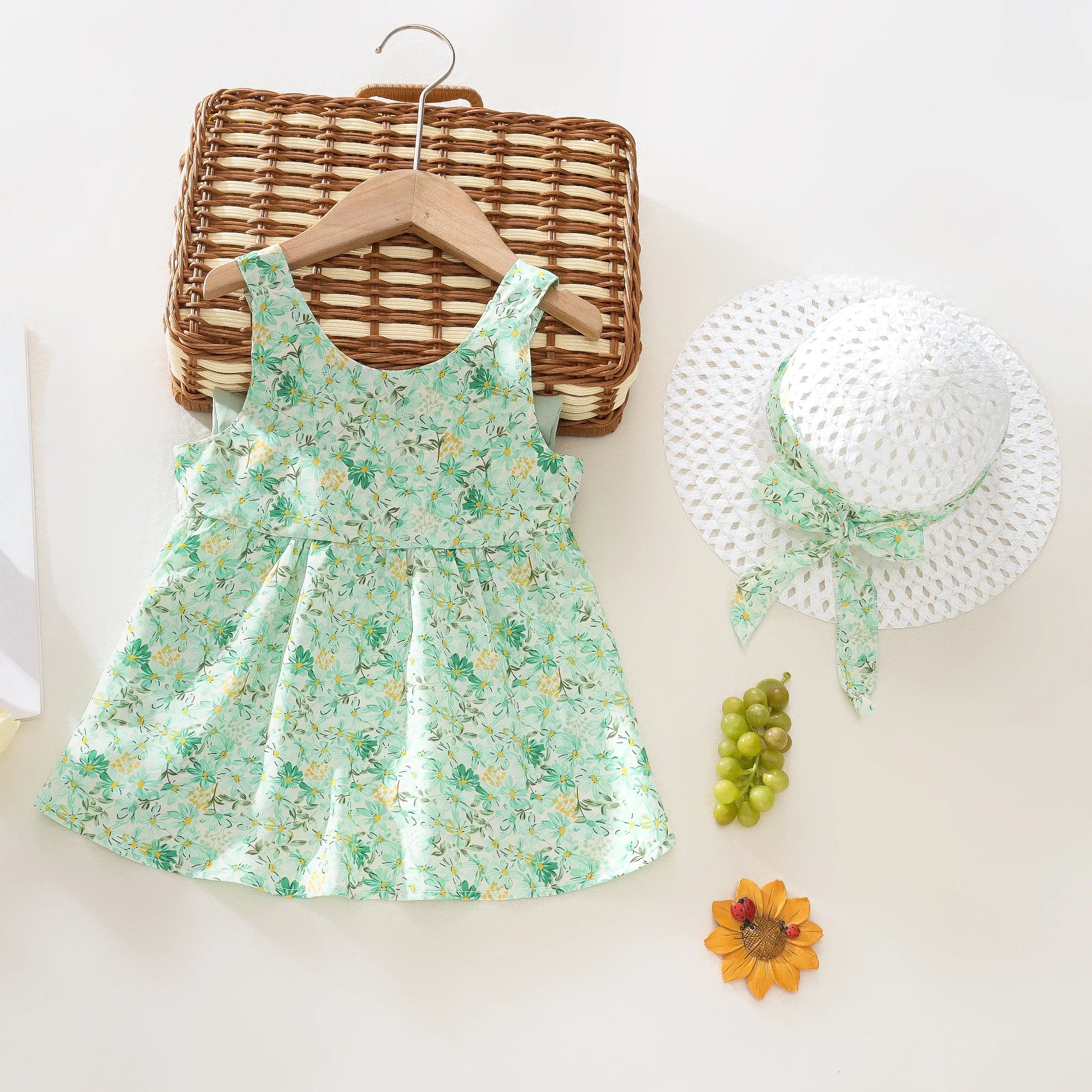 Baby Girl Summer Outfit, Bow Strap Dress & Hat