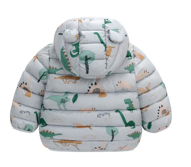 Baby Boys Girls Down Coats Long Sleeve Cartoon Dinosaur Print Jackets 1-5Yrs