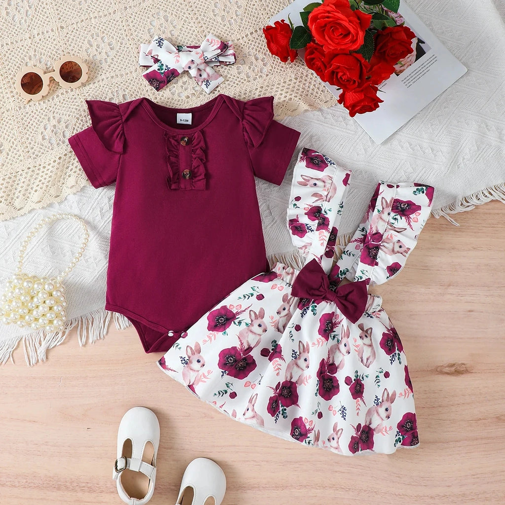 Jumpsuit & Rabbit Printed Shoulder Strap skirt & Headband Set for 0-18 M