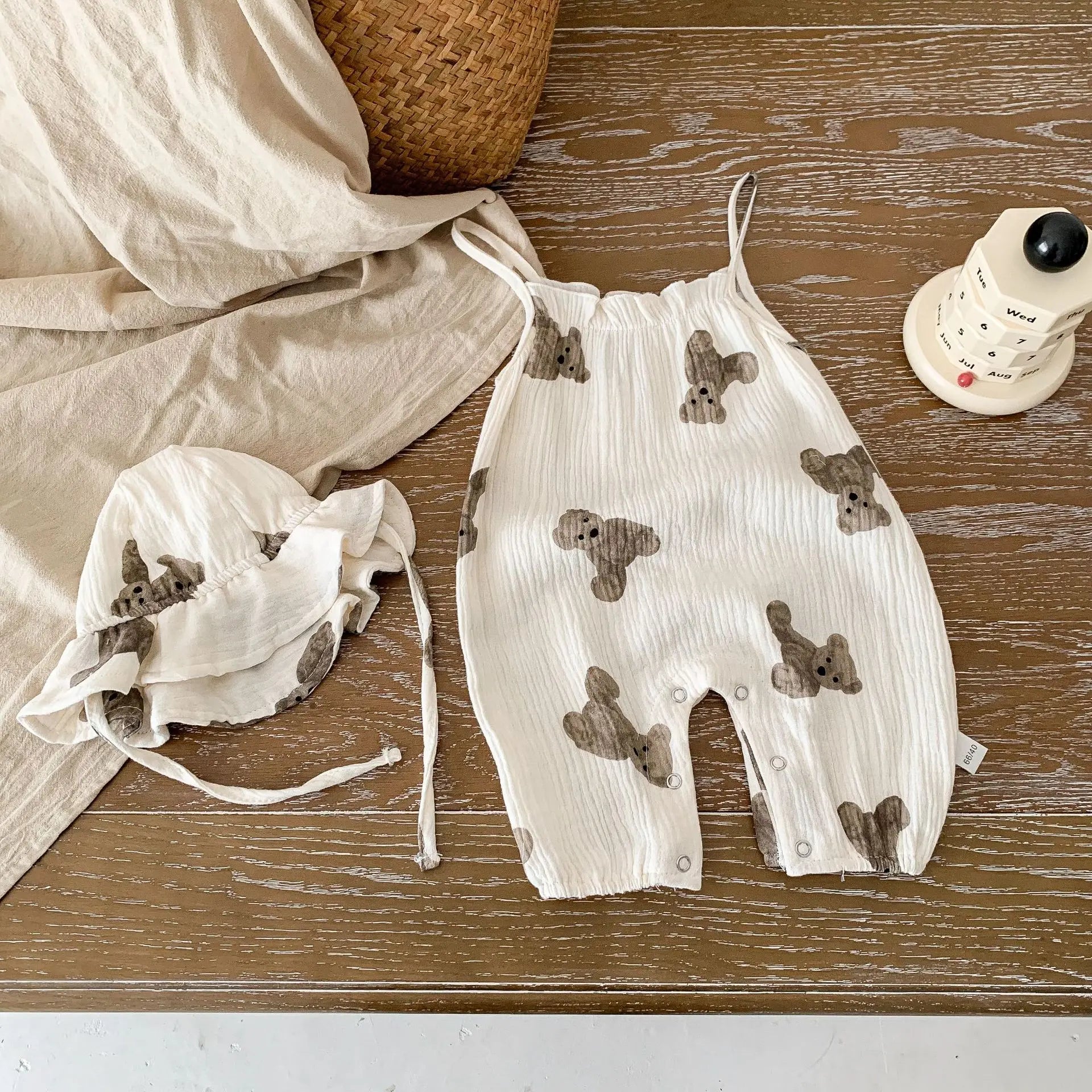 Cute Baby Bear Jumpsuit & Hat – Summer (0–18M)