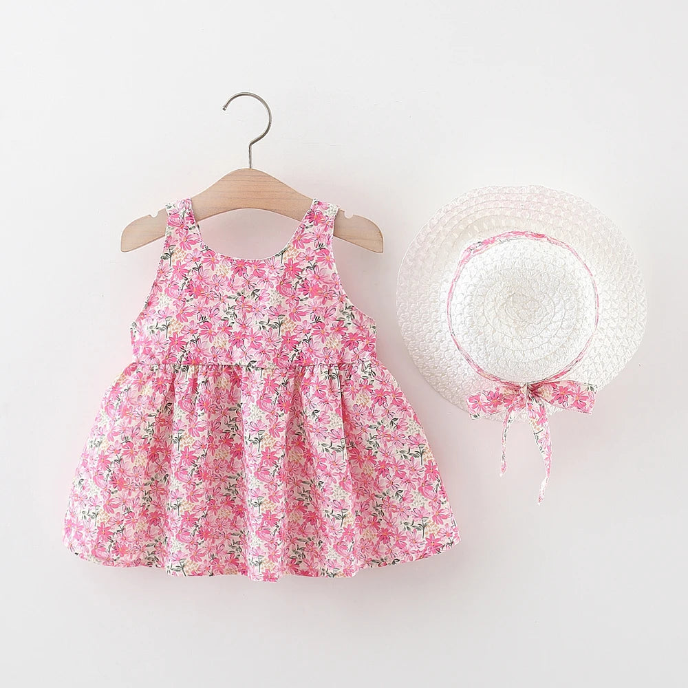 Baby Girl Summer Outfit, Bow Strap Dress & Hat