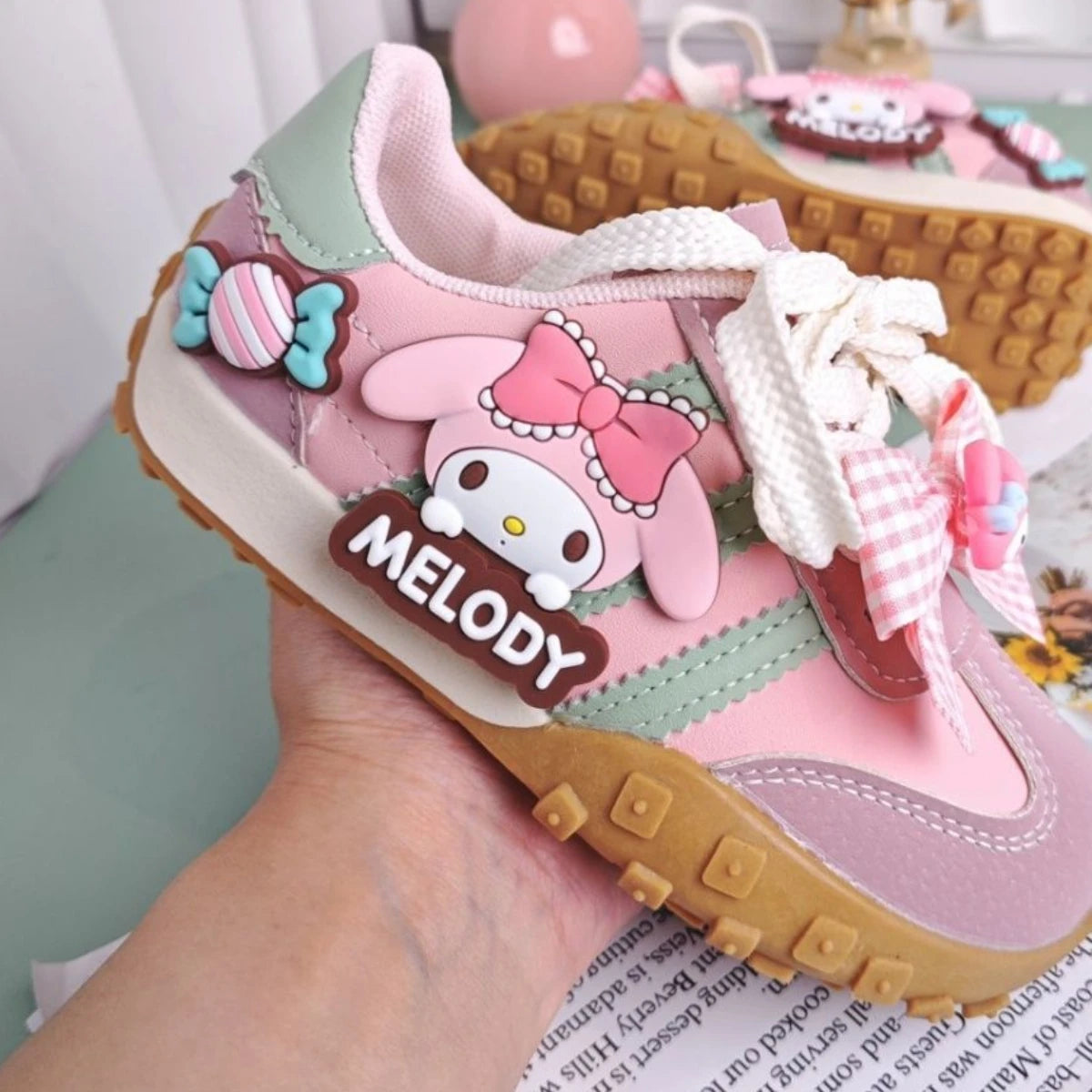 Girls Cartoon PU Sneakers – Anti-Slip Pink Casual Shoes (26–37)